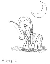 Size: 1344x1744 | Tagged: safe, artist:catscratchpaper, fluttershy, pony, g4, arrow, bow (weapon), clothes, greek, greek clothes, greek mythology, moon, mythology, prince artemis, sandals, traditional art