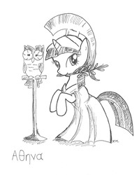 Size: 1432x1796 | Tagged: safe, artist:catscratchpaper, owlowiscious, twilight sparkle, bird, owl, pony, unicorn, g4, armor, athena, athena sparkle, clothes, costume, duo, female, grayscale, greek, greek clothes, greek mythology, helmet, hilarious in hindsight, mare, monochrome, mouth hold, olive branch, rearing, robes, simple background, traditional art, unicorn twilight, white background