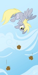 Size: 1100x2184 | Tagged: safe, artist:secoh2000, derpy hooves, pegasus, pony, g4, falling, female, food, muffin, muffin denial, sad, scrunchy face, sky, solo, wavy mouth