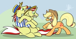 Size: 1100x572 | Tagged: safe, artist:secoh2000, applejack, flam, flim, earth pony, pony, unicorn, g4, female, flim flam brothers, male, mare, stallion