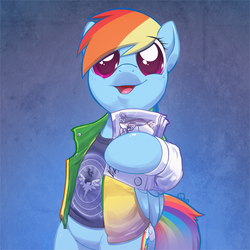 Size: 764x764 | Tagged: safe, artist:0r0ch1, rainbow dash, semi-anthro, g4, big eyes, clothes, crossover, cute, dashabetes, dosh, female, harry enfield, hoof hold, jacket, loadsamoney, looking at you, money, open mouth, parody, rainbow dosh, shirt, smiling, solo