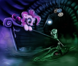 Size: 1424x1200 | Tagged: dead source, safe, artist:artisticrender97, artist:hereticofdune, gummy, pinkie pie, g4, boat, colored, hat, lantern, party hat, pinkamena diane pie, water