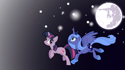 Size: 1920x1080 | Tagged: safe, artist:rawrnate, princess luna, twilight sparkle, g4, female, lesbian, moon, s1 luna, ship:twiluna, shipping, wallpaper