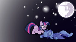 Size: 1920x1080 | Tagged: safe, artist:rawrnate, princess luna, twilight sparkle, g4, crying, female, lesbian, moon, s1 luna, ship:twiluna, shipping, wallpaper