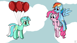 Size: 800x450 | Tagged: safe, artist:subjectnumber2394, lyra heartstrings, pinkie pie, rainbow dash, g4, balloon, flying, prank