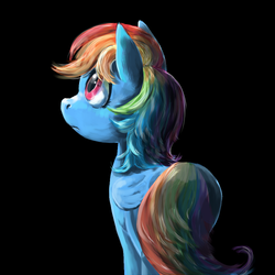 Size: 500x500 | Tagged: dead source, safe, artist:missmoobutt, rainbow dash, pegasus, pony, g4, black background, female, looking up, mare, simple background, solo