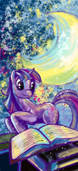 Size: 1651x3632 | Tagged: safe, artist:minttea-pony, twilight sparkle, pony, unicorn, g4, book, crescent moon, female, mare, moon, reading, smiling, solo, unicorn twilight