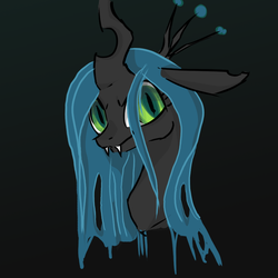 Size: 900x900 | Tagged: safe, artist:seyrii, queen chrysalis, changeling, changeling queen, g4, black background, bust, crown, fangs, female, frown, jewelry, regalia, simple background, smiling, solo