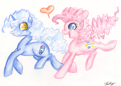 Size: 1400x994 | Tagged: safe, artist:tenthy, pinkie pie, pokey pierce, g4, female, heart, male, ship:pokeypie, shipping, straight, traditional art