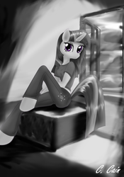 Size: 1024x1463 | Tagged: safe, artist:c-cain, twilight sparkle, unicorn, anthro, unguligrade anthro, g4, grayscale, limited palette, monochrome, neo noir, partial color