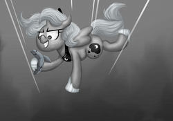 Size: 800x559 | Tagged: safe, artist:whiteeyedcat, princess luna, alicorn, pony, moonstuck, g4, banana, cartographer's cavendish, cute, falling, female, grayscale, grin, monochrome, origami, scene interpretation, smirk, solo, woona