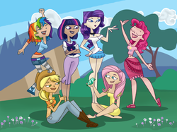 Size: 668x500 | Tagged: safe, artist:whiteeyedcat, applejack, fluttershy, pinkie pie, rainbow dash, rarity, twilight sparkle, human, g4, belly button, clothes, dark skin, dress, humanized, mane six, midriff, parody, shoes, skinny, skirt, sneakers, style emulation, thin, total drama island