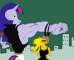 Size: 778x633 | Tagged: safe, artist:ciircuit, applejack, twilight sparkle, human, g4, 1000 hours in ms paint, galo sengen, horn, horned humanization, humanized, muscles, quality, stylistic suck, twilight muscle