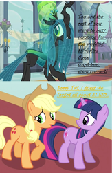 Size: 757x1164 | Tagged: safe, artist:epikjoe, edit, edited screencap, screencap, applejack, queen chrysalis, twilight sparkle, changeling, changeling queen, earth pony, pony, unicorn, a canterlot wedding, g4, season 1, season 2, swarm of the century, applejack's hat, comic, cowboy hat, cropped, female, hat, screencap comic, unicorn twilight