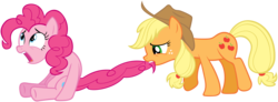 Size: 7500x2770 | Tagged: safe, artist:stabzor, applejack, pinkie pie, earth pony, pony, g4, duo, duo female, female, mare, simple background, tail pull, transparent background, vector