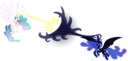 Size: 8700x4141 | Tagged: safe, artist:stabzor, nightmare moon, princess celestia, alicorn, pony, g4, absurd resolution, duo, duo female, female, magic, mare, simple background, transparent background, vector