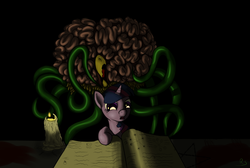 Size: 990x664 | Tagged: safe, artist:ragingsemi, twilight sparkle, g4, book, candle, female, monster, pentagram, tentacles