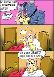 Size: 2181x3109 | Tagged: safe, artist:ciriliko, fluttershy, iron will, minotaur, pegasus, pony, g4, ..., bed hair, comic, creeper, dialogue, dream, female, floppy ears, high res, male, mare, minecraft, open mouth, painfully innocent fluttershy, ship:ironshy, shipping, shocked, sleeping, spread wings, straight, wingboner, wings