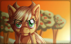 Size: 900x563 | Tagged: safe, artist:inuhoshi-to-darkpen, applejack, earth pony, pony, g4, female, looking at you, mouth hold, rope, solo, sunset