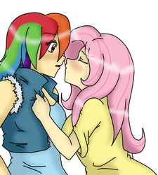 Size: 765x850 | Tagged: dead source, safe, artist:mineko, fluttershy, rainbow dash, human, g4, clothes, female, humanized, imminent kissing, lesbian, ship:flutterdash, shipping, t-shirt, tank top, vest