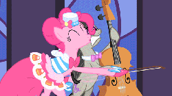 Size: 640x360 | Tagged: safe, screencap, octavia melody, pinkie pie, g4, the best night ever, animated, bipedal, bipedal leaning, bow (instrument), cello, clothes, dress, duo, eyes closed, female, gala dress, hoof hold, leaning, musical instrument