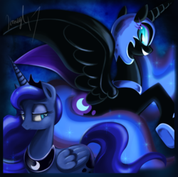 Size: 1053x1050 | Tagged: safe, artist:honeyl17, nightmare moon, princess luna, g4, duality, duo