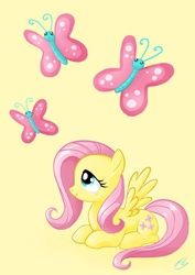 Size: 2480x3508 | Tagged: safe, artist:pearlie-pie, fluttershy, butterfly, pony, g4, female, high res, simple background, solo