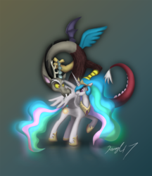 Size: 948x1095 | Tagged: safe, artist:honeyl17, discord, princess celestia, g4, female, glowing, glowing mane, male, mane, ship:dislestia, shipping, straight