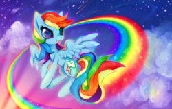 Size: 1200x764 | Tagged: safe, artist:cizu, rainbow dash, pony, g4, female, flying, rainbow trail, solo, stars, trail