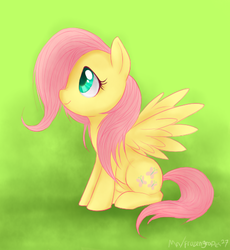 Size: 466x506 | Tagged: source needed, safe, artist:mn27, fluttershy, pegasus, pony, g4, cute, female, hair over one eye, mare, shyabetes, signature, sitting, smiling, solo, spread wings, wings