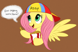 Size: 800x538 | Tagged: safe, artist:mn27, fluttershy, pegasus, pony, g4, cap, female, floppy ears, hat, herbivore, peanut, solo