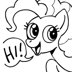 Size: 945x945 | Tagged: source needed, safe, artist:megasweet, pinkie pie, earth pony, pony, g4, female, hi, looking at you, monochrome, open mouth, raised hoof, simple background, smiling, solo, speech bubble, white background