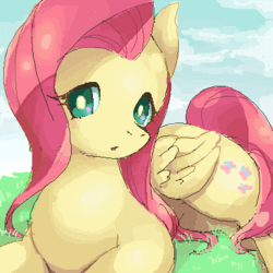 Size: 400x400 | Tagged: safe, artist:punikemo, fluttershy, pegasus, pony, g4, female, folded wings, grass, looking at you, mare, open mouth, outdoors, prone, solo, turned head, wings