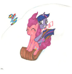 Size: 1592x1632 | Tagged: safe, artist:catscratchpaper, pinkie pie, rainbow dash, twilight sparkle, g4, goggles, sled, sledge, snowboard