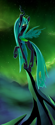 Size: 535x1200 | Tagged: safe, artist:tigsie, queen chrysalis, changeling, changeling queen, g4, balancing, crown, female, jewelry, looking at you, raised hoof, regalia, solo, standing