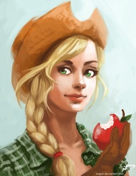 Size: 638x825 | Tagged: safe, artist:majoh, applejack, human, g4, apple, bust, female, humanized, obligatory apple, solo