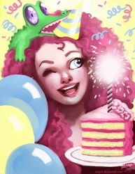 Size: 638x825 | Tagged: safe, artist:majoh, gummy, pinkie pie, g4, cake, hat, humanized, party, party hat