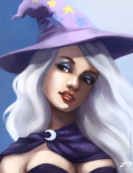 Size: 638x825 | Tagged: safe, artist:majoh, trixie, human, g4, breasts, brooch, bust, cleavage, clothes, eyeshadow, female, hat, humanized, makeup, solo, trixie's hat