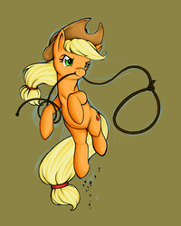 Size: 600x750 | Tagged: safe, artist:longinius, applejack, earth pony, pony, g4, brown background, female, jumping, lasso, mare, mouth hold, simple background, solo