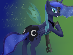 Size: 4000x3000 | Tagged: safe, artist:deathshadow1991, princess luna, queen chrysalis, changeling, g4, both cutie marks, butt, dialogue, disguise, disguised changeling, fangs, female, looking back, moonbutt, plot, raised hoof, smiling, solo, standing