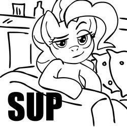 Size: 945x945 | Tagged: safe, artist:megasweet, pinkie pie, earth pony, pony, g4, bed, couch, female, monochrome, morning ponies, solo