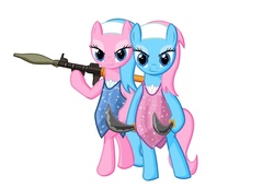 Size: 784x540 | Tagged: dead source, safe, artist:azenge, aloe, lotus blossom, earth pony, pony, g4, duo, duo female, female, gun, hooves, mare, rocket launcher, rpg-7, simple background, spa twins, weapon, white background