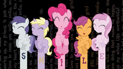 Size: 2560x1440 | Tagged: safe, artist:murknl, dinky hooves, pinkie pie, piña colada, scootaloo, tornado bolt, earth pony, pegasus, pony, unicorn, g4, ^^, cute, eyes closed, female, filly, foal, lyrics, mare, piña cutelada, smile song, vector, wall of text, wallpaper