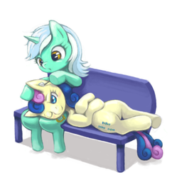 Size: 546x564 | Tagged: safe, artist:usappy-barkhaward, bon bon, lyra heartstrings, sweetie drops, earth pony, pony, unicorn, g4, bench, ear cleaning, female, lesbian, mimikaki, ship:lyrabon, shipping, sitting