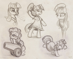 Size: 800x640 | Tagged: safe, artist:kp-shadowsquirrel, pinkie pie, rarity, twilight sparkle, g4, beatnik rarity, beret, clothes, dancing, dress, gramophone, hat, party cannon, sketch dump, sweater