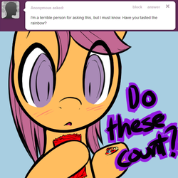 Size: 500x500 | Tagged: safe, artist:serendipity-kitty, scootaloo, pony, g4, blushing, lesboloo, skittles, solo, tumblr