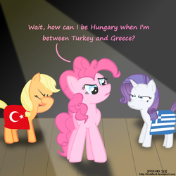 Size: 1000x1000 | Tagged: safe, artist:invidlord, applejack, pinkie pie, rarity, pony, g4, facehoof, flag, greece, hatless, hungary, missing accessory, trio, turkey (country)