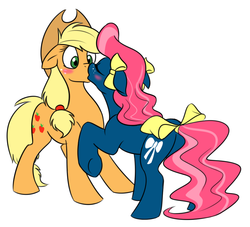 Size: 990x898 | Tagged: safe, artist:calicopikachu, applejack, bow tie (g1), earth pony, pony, g1, g4, blushing, bow, bowtiejack, duo, eyes closed, female, g1 to g4, generation leap, hair bow, kiss on the lips, kissing, lesbian, mare, raised hoof, shipping, simple background, tail bow, white background