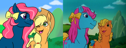 Size: 1000x383 | Tagged: safe, artist:calicopikachu, edit, edited screencap, screencap, applejack, applejack (g1), bow tie (g1), earth pony, pony, g1, g4, rescue at midnight castle, bow, comparison, cowboy hat, duo, female, freckles, g1 to g4, generation leap, hair bow, hat, mare, stetson
