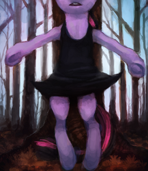 Size: 521x600 | Tagged: safe, artist:crookedtrees, twilight sparkle, pony, g4, bipedal, black dress, clothes, dress, female, forest, little black dress, solo, surreal